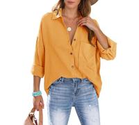 Xnova Bluse Damen Oversize Oberteile Hemd, Langarmshirt Baumwolle Hemden Blusen mit Knöpfen, Lässige Einfarbig Hemdbluse Tops Strandhemd Blouses (Gelb, L)