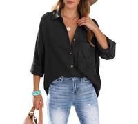 Xnova Bluse Damen Oversize Oberteile Hemd, Langarmshirt Baumwolle Hemden Blusen mit Knöpfen, Lässige Einfarbig Hemdbluse Tops Strandhemd Blouses (Schwarz, XXL)