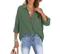Xnova Bluse Damen Oversize Oberteile Hemd, Langarmshirt Baumwolle Hemden Blusen mit Knöpfen, Lässige Einfarbig Hemdbluse Tops Strandhemd Blouses (Grün 02, XL)