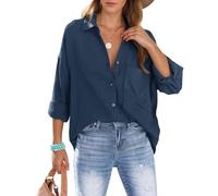 Xnova Bluse Damen Oversize Oberteile Hemd, Langarmshirt Baumwolle Hemden Blusen mit Knöpfen, Lässige Einfarbig Hemdbluse Tops Strandhemd Blouses (Blau, XL)