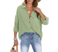 Xnova Bluse Damen Oversize Oberteile Hemd, Langarmshirt Baumwolle Hemden Blusen mit Knöpfen, Lässige Einfarbig Hemdbluse Tops Strandhemd Blouses (Grün, S)