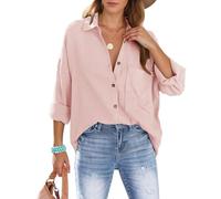 Xnova Bluse Damen Oversize Oberteile Hemd, Langarmshirt Baumwolle Hemden Blusen mit Knöpfen, Lässige Einfarbig Hemdbluse Tops Strandhemd Blouses (Rosa, L)
