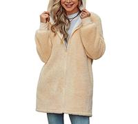 Xnova Damen Teddy-Fleece Kapuzenpullover Zip Mantel Lang | Oversized Hoodie Kapuzenjacke Flauschige Sweatjacke Warme Slouchy Winter Kapuzenpulli mit Taschen, Reißverschluss