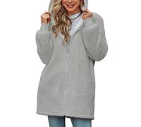 Xnova Damen Teddy-Fleece Kapuzenpullover Zip Mantel Lang | Oversized Hoodie Kapuzenjacke Flauschige Sweatjacke Warme Slouchy Winter Kapuzenpulli mit Taschen, Reißverschluss