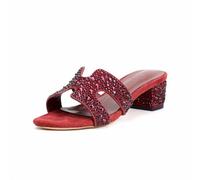 XOBZJH Abendkleid, Schuhe, Strass, schwarz, Blockabsatz, Sandalen für Damen 2025, Designer-Sandalen mit Kristallen, für Hochzeit, Party, Schuhe, Weinrot, 37.5 EU