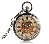 XOPIC Vintage Bronze kappenlose mechanische Taschenuhr schwarzes römisches Ziffernblatt Anhängeruhr Automatikaufzug Taschenuhr Dicke Kette