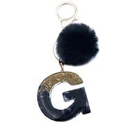 Xsclpomddy Frauen Alphabet Buchstaben Schlüsselanhänger Niedlich Schlüsselanhänger Glitzer mit Pom Pom Quasten Harz Keychain Schwarz für Tasche Charme,G