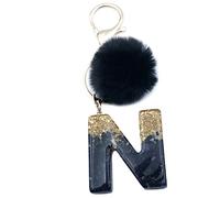 Xsclpomddy Frauen Alphabet Buchstaben Schlüsselanhänger Niedlich Schlüsselanhänger Glitzer mit Pom Pom Quasten Harz Keychain Schwarz für Tasche Charme,N