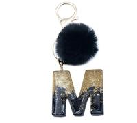 Xsclpomddy Frauen Alphabet Buchstaben Schlüsselanhänger Niedlich Schlüsselanhänger Glitzer mit Pom Pom Quasten Harz Keychain Schwarz für Tasche Charme,M