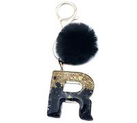 Xsclpomddy Frauen Alphabet Buchstaben Schlüsselanhänger Niedlich Schlüsselanhänger Glitzer mit Pom Pom Quasten Harz Keychain Schwarz für Tasche Charme,R