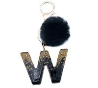Xsclpomddy Frauen Alphabet Buchstaben Schlüsselanhänger Niedlich Schlüsselanhänger Glitzer mit Pom Pom Quasten Harz Keychain Schwarz für Tasche Charme,W