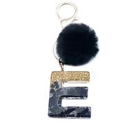 Xsclpomddy Frauen Alphabet Buchstaben Schlüsselanhänger Niedlich Schlüsselanhänger Glitzer mit Pom Pom Quasten Harz Keychain Schwarz für Tasche Charme,E