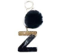 Xsclpomddy Frauen Alphabet Buchstaben Schlüsselanhänger Niedlich Schlüsselanhänger Glitzer mit Pom Pom Quasten Harz Keychain Schwarz für Tasche Charme,Z
