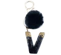 Xsclpomddy Frauen Alphabet Buchstaben Schlüsselanhänger Niedlich Schlüsselanhänger Glitzer mit Pom Pom Quasten Harz Keychain Schwarz für Tasche Charme,V