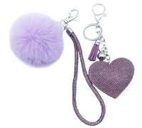 Xsclpomddy Leder Liebes-Herz Keychain Kristallstrass Bling mit Pom Pom Schlüsselbund künstliche weiche Kaninchenhaar Taschenanhänger für Handtasche,purple