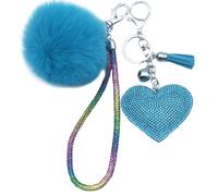 Xsclpomddy Leder Liebes-Herz Keychain Kristallstrass Bling mit Pom Pom Schlüsselbund künstliche weiche Kaninchenhaar Taschenanhänger für Handtasche,blue