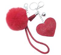 Xsclpomddy Leder Liebes-Herz Keychain Kristallstrass Bling mit Pom Pom Schlüsselbund künstliche weiche Kaninchenhaar Taschenanhänger für Handtasche,red