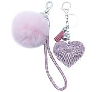 Xsclpomddy Leder Liebes-Herz Keychain Kristallstrass Bling mit Pom Pom Schlüsselbund künstliche weiche Kaninchenhaar Taschenanhänger für Handtasche,pink