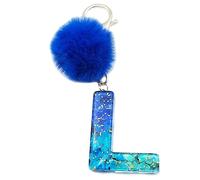 Xsclpomddy Mädchen Alphabet Buchstaben Schlüsselanhänger Niedlich Schlüsselanhänger Glitzer mit Pom Pom Quasten Harz Blau Keychain für Tasche Charme,L