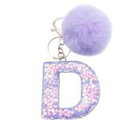 Xsclpomddy Mädchen Alphabet Buchstaben Schlüsselanhänger Niedlich Schlüsselanhänger Glitzer mit Pom Pom Quasten Harz Keychain Violett für Tasche Charme,D