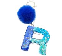 Xsclpomddy Mädchen Alphabet Buchstaben Schlüsselanhänger Niedlich Schlüsselanhänger Glitzer mit Pom Pom Quasten Harz Blau Keychain für Tasche Charme,R
