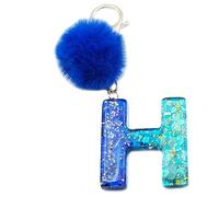 Xsclpomddy Mädchen Alphabet Buchstaben Schlüsselanhänger Niedlich Schlüsselanhänger Glitzer mit Pom Pom Quasten Harz Blau Keychain für Tasche Charme,H
