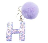 Xsclpomddy Mädchen Alphabet Buchstaben Schlüsselanhänger Niedlich Schlüsselanhänger Glitzer mit Pom Pom Quasten Harz Keychain Violett für Tasche Charme,H