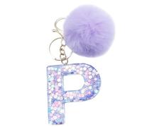Xsclpomddy Mädchen Alphabet Buchstaben Schlüsselanhänger Niedlich Schlüsselanhänger Glitzer mit Pom Pom Quasten Harz Keychain Violett für Tasche Charme,P
