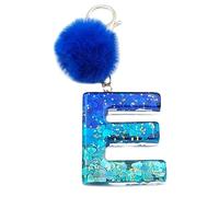 Xsclpomddy Mädchen Alphabet Buchstaben Schlüsselanhänger Niedlich Schlüsselanhänger Glitzer mit Pom Pom Quasten Harz Blau Keychain für Tasche Charme,E