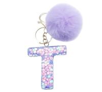 Xsclpomddy Mädchen Alphabet Buchstaben Schlüsselanhänger Niedlich Schlüsselanhänger Glitzer mit Pom Pom Quasten Harz Keychain Violett für Tasche Charme,T