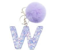 Xsclpomddy Mädchen Alphabet Buchstaben Schlüsselanhänger Niedlich Schlüsselanhänger Glitzer mit Pom Pom Quasten Harz Keychain Violett für Tasche Charme,W