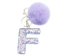 Xsclpomddy Mädchen Alphabet Buchstaben Schlüsselanhänger Niedlich Schlüsselanhänger Glitzer mit Pom Pom Quasten Harz Keychain Violett für Tasche Charme,F