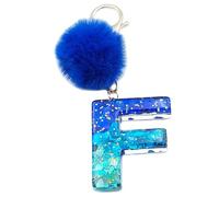 Xsclpomddy Mädchen Alphabet Buchstaben Schlüsselanhänger Niedlich Schlüsselanhänger Glitzer mit Pom Pom Quasten Harz Blau Keychain für Tasche Charme,F