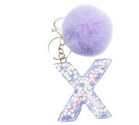 Xsclpomddy Mädchen Alphabet Buchstaben Schlüsselanhänger Niedlich Schlüsselanhänger Glitzer mit Pom Pom Quasten Harz Keychain Violett für Tasche Charme,X