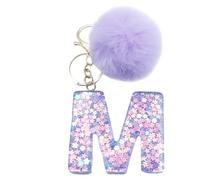 Xsclpomddy Mädchen Alphabet Buchstaben Schlüsselanhänger Niedlich Schlüsselanhänger Glitzer mit Pom Pom Quasten Harz Keychain Violett für Tasche Charme,M