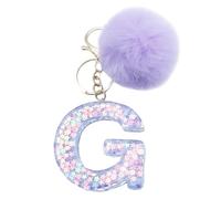 Xsclpomddy Mädchen Alphabet Buchstaben Schlüsselanhänger Niedlich Schlüsselanhänger Glitzer mit Pom Pom Quasten Harz Keychain Violett für Tasche Charme,G
