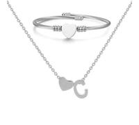 XSDSLS Silber Herz Kette mit Buchstaben Anhänger Damen A-Z Initialen Halskette Herz Offene Armreif Armband Buchstabenkette Anhänger Halskette Personalisierte Geschenke für Frauen Mädchen (C)