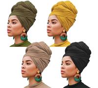 XTREND Stretch-Kopfband, Haarband, Jersey, Turban, gestrickt, einfarbig, ultraweich, extra lang, atmungsaktiv, für Damen, Schwarz, Kamel, Armeegrün, Kurkuma, 4 Stück