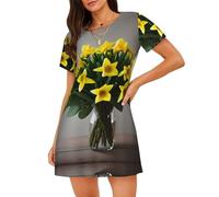XTYGETY Bouquet Of Narzissen 1 Druck Damen Nachthemd Damen Nachtwäsche für Sommer Nachthemd Sleepshirt Sleepdress Nightshirts, Schwarz , XL