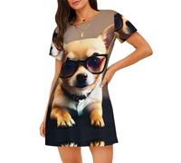 XTYGETY Damen-Nachthemd mit Chihuahua-Hundebrille, 1 Aufdruck, für den Sommer, Nachthemd, Sleepshirt, Nachthemd, Schwarz , XL