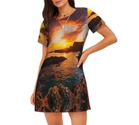 XTYGETY Damen-Nachthemd mit irischem Sonnenuntergang und Meereslandschaft, Nachtwäsche, für den Sommer, Nachthemd, Sleepshirt, Nachthemd, Schwarz , M