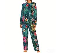 XTYGETY Hojas Tropicales Damen-Pyjama-Set mit Y-Flores-Aufdruck, bequem, lässige Loungewear, langärmelig, Nachtwäsche für Damen, 2-teilig, Schwarz , L