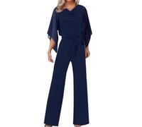 Xuanxi Damen-Jumpsuit mit ausgestelltem 3/4-Ärmel, Wasserfallausschnitt, elegant, mit Gürtel, weite Beine, lange Hose, Strampler, Playsuit, eleganter Jumpsuit für Damen