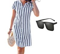 XUANXUANQZ Gestreiftes Hemdblusenkleid Mit Knopfleiste Für Damen, Lockeres, Schwingendes Etuikleid Aus Baumwollleinen (Dunkelblau,XXL)