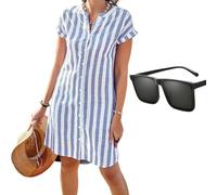 XUANXUANQZ Gestreiftes Hemdblusenkleid Mit Knopfleiste Für Damen, Lockeres, Schwingendes Etuikleid Aus Baumwollleinen (Hellblau,L)