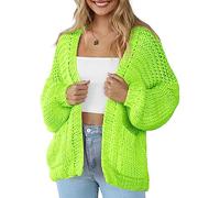 XuBa Damen Strickjacke Langarm Grobstrick Casual Taschen Leichte Open Front Sweater Cardigans, neon Green, Mittel