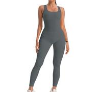 Xunerloy Gerippte Jumpsuit Damen Lang Eng Ärmellos Sport Yoga Bodycon Einteiler Body Elegant Eckigem Ausschnitt Fitness Gym Overall Hosenanzug Trainingsanzug Grau L