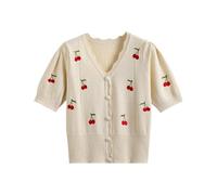 Xunger Damen Strickjacke mit niedlicher Kirsch-Stickerei, V-Ausschnitt, Sommer, gehäkelt, bauchfreies Oberteil, leicht, lässig, Bluse, Beige, X-Groß
