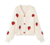 Xunger Süßer Erdbeer-Strickpullover für Damen, ästhetischer Kawaii-Cardigan für Teenager, Mädchen, Y2K, Blumenmuster, Schuluniform, Outwear, Rot Neu, Mittel