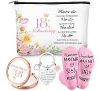 Xuniea 18. Geburtstag Geschenkset für Frauen Kosmetiktasche Schlüsselanhänger Kosmetikspiegel Pinke Socken So gut kann MAN MIT 18 Aussehen für Damen Weihnachten Tochter Schwester Freundin